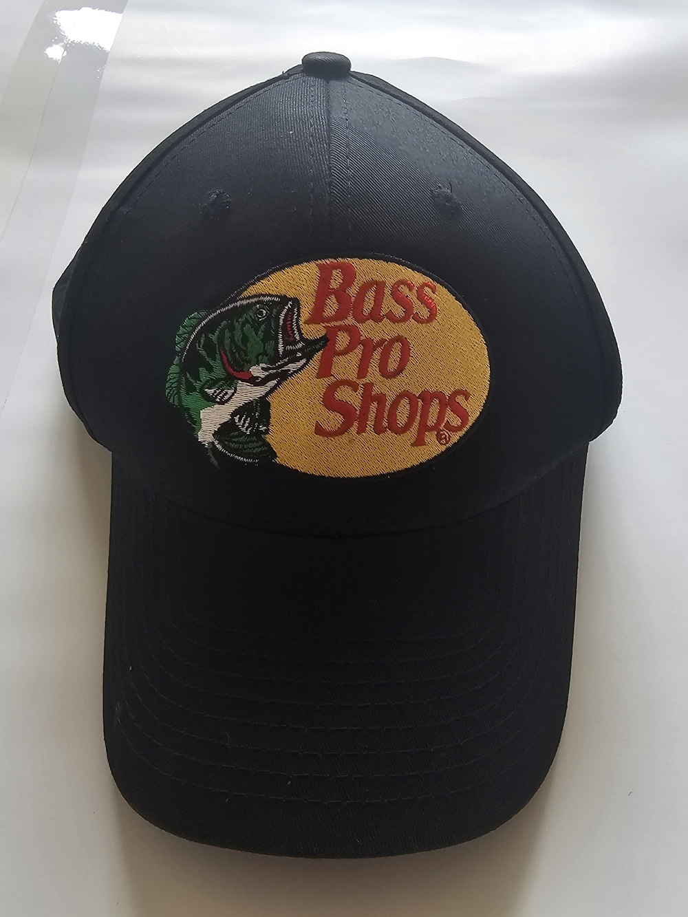 Bass Pro Shops Black Cap with Yellow Patch and Green Fish Embroidery